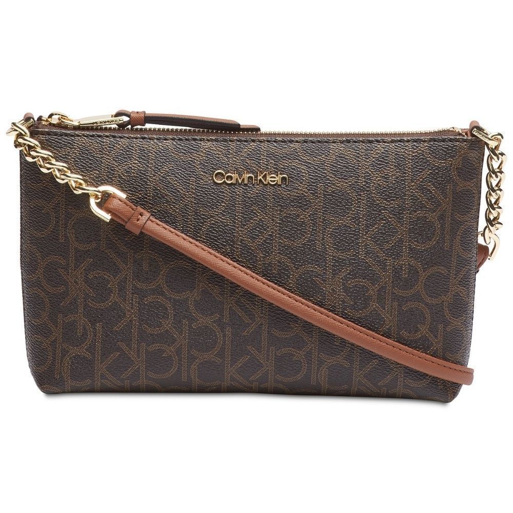 Calvin Klein Brown Leather Hayden Signature Crossbody Handbag Brown NEW